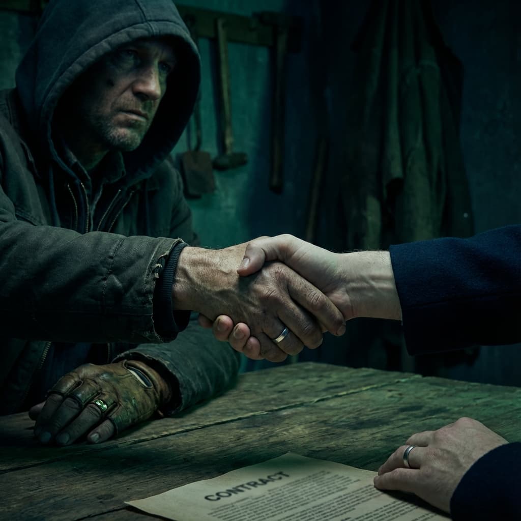 A shady handshake deal in low light